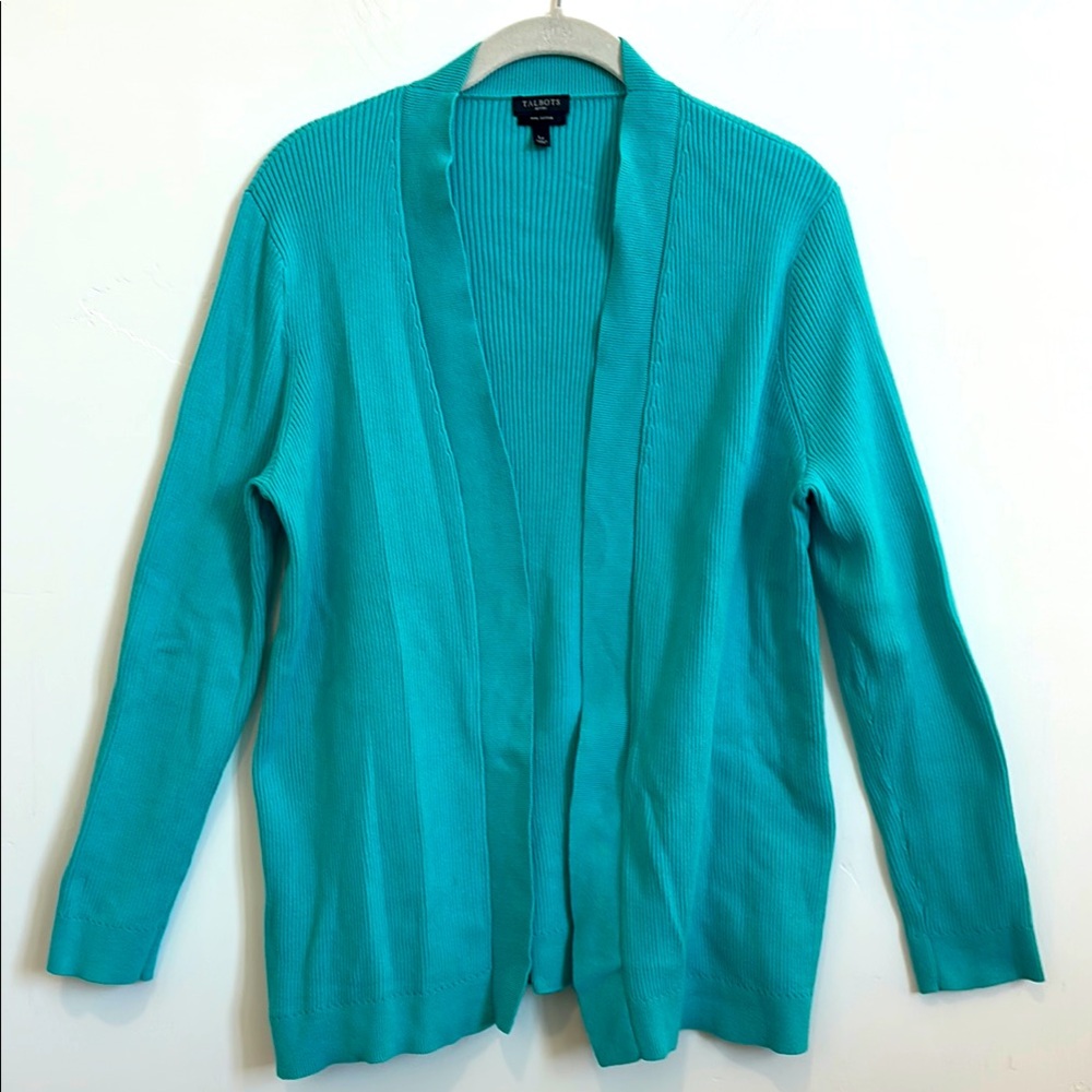 Talbots Turquoise Ribbed Knit Open Cardigan Sweater, 100% Cotton, Large Petite